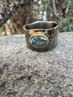 Sundance Two-Tone Silver Band Ring with Blue Gemstone